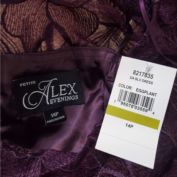NEW! ALEX EVENINGS | Illusion Top Embroidered Tea Length Dress - [14P, purple] - Picture 12 of 13